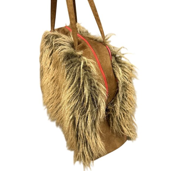 Atenti Brown Faux Fur Shag Weekender Overnight Travel Bag Red Trim Vintage - Picture 2 of 13